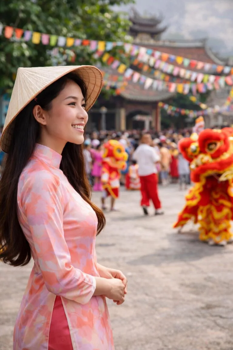 Vietnamese woman wearing a traditional ao dai during a colorful cultural festival in Vietnam.