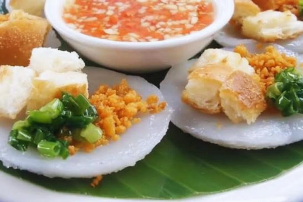 Traditional vegetarian banh beo steamed rice cakes from Hue Vietnam