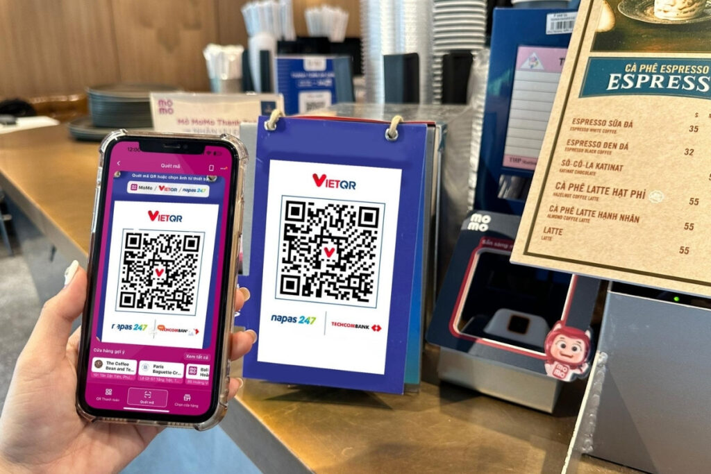 QR code payment at a coffee shop in Vietnam