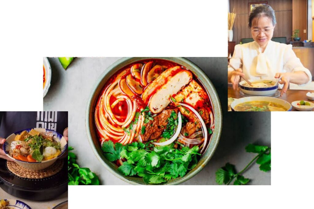 Traditional bun Hue chay served with herbs and tofu in Hue Vietnam