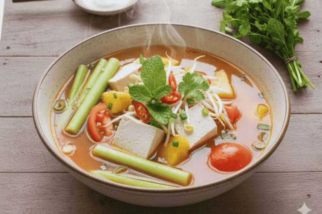 Vietnamese vegetarian sweet and sour soup with pineapple okra and tofu