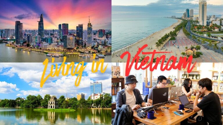 Living in Vietnam: Foreigners enjoying everyday life in Vietnam with modern city skyline and local culture