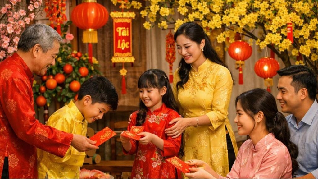 Tet Holiday in Vietnam: Traditions, Food, Customs, and How Vietnamese Celebrate Lunar New Year 10 Grandparents giving lucky money in red envelopes to children during Tet