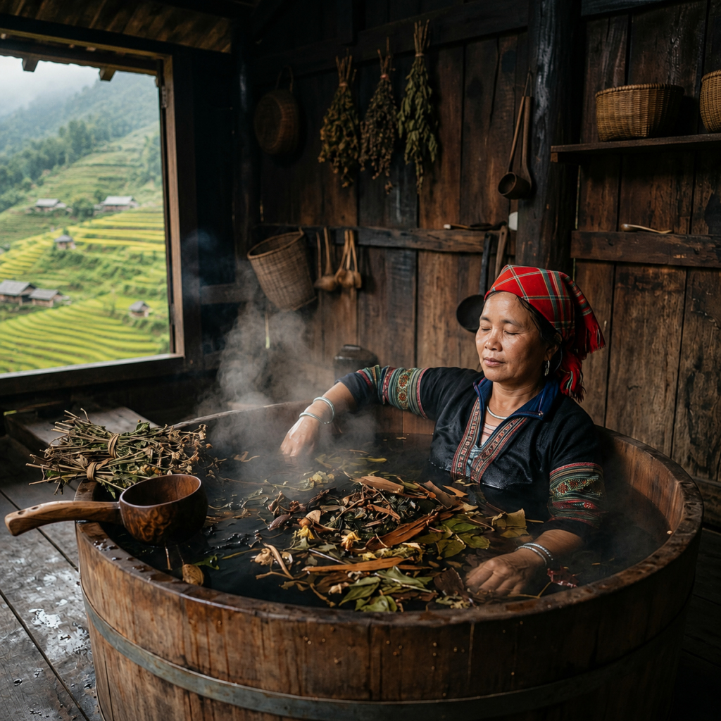 Traditional Red Dao herbal bath experience in Sapa Vietnam