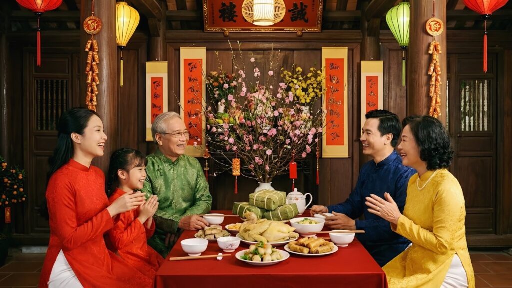 Tet Holiday in Vietnam: Traditions, Food, Customs, and How Vietnamese Celebrate Lunar New Year 1 Tet Holiday in Vietnam: Vietnamese family celebrating Tet Holiday with a traditional Lunar New Year reunion dinner