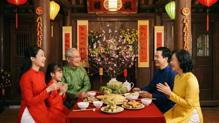 Tet Holiday in Vietnam: Vietnamese family celebrating Tet Holiday with a traditional Lunar New Year reunion dinner