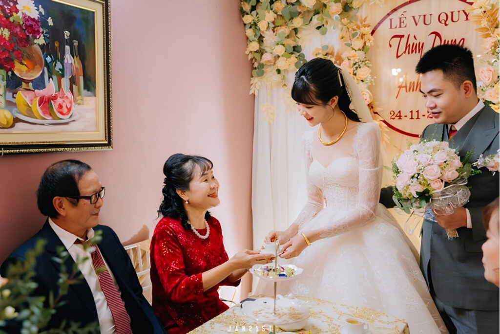 Vietnamese tea ceremony where the couple serves tea to their parents