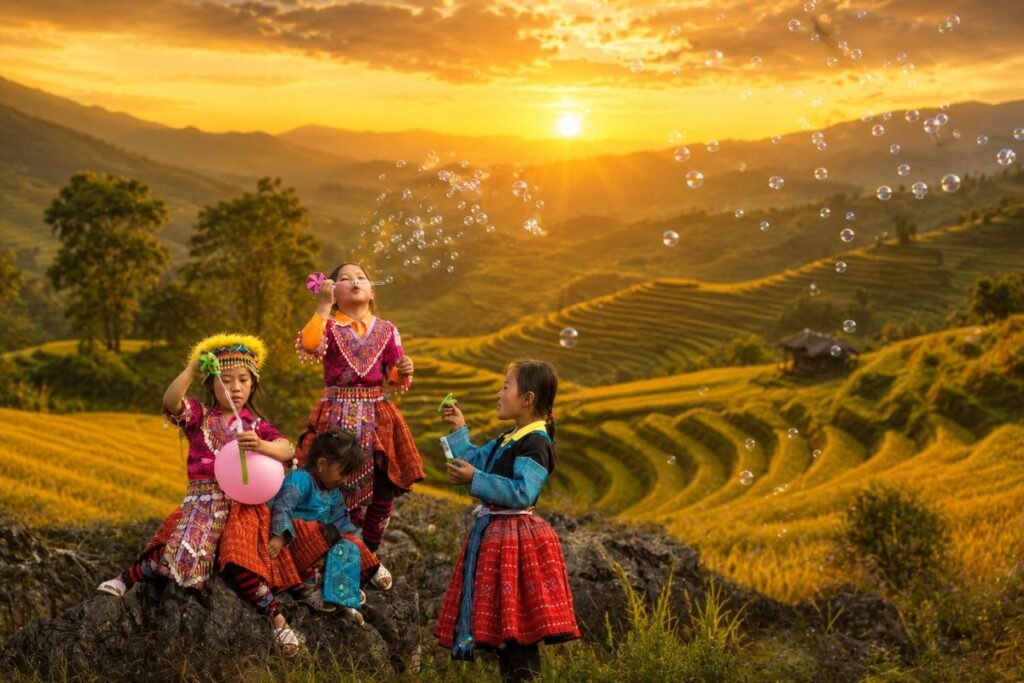 Children from different ethnic communities standing together in the terraced rice fields of northern Vietnam at sunrise