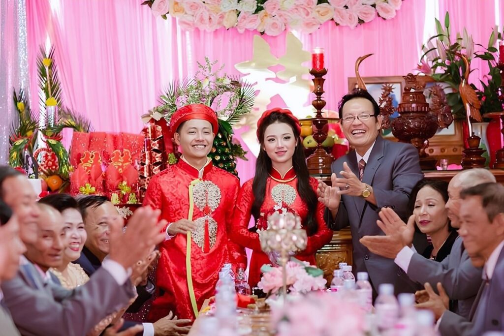 Vietnamese bride and groom in wedding