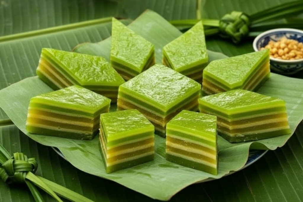 Best Vietnamese Desserts: 20 Sweet Treats Every Traveler Should Try in Vietnam 8 Traditional Vietnamese layered pandan cake with alternating green and yellow layers made from coconut milk and mung beans.