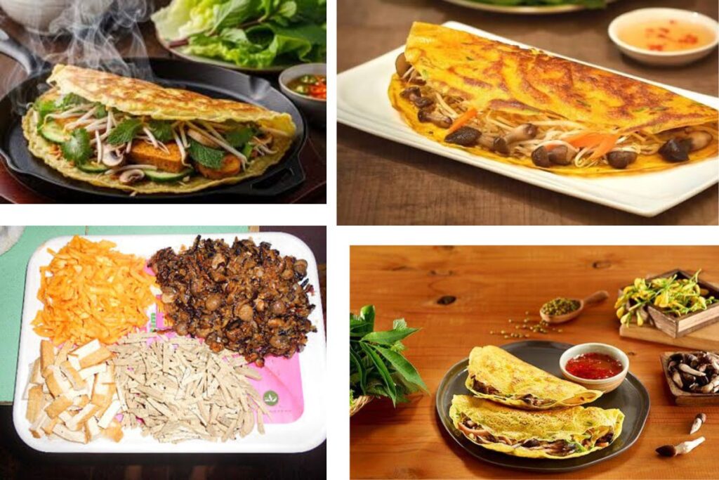 Crispy Vietnamese vegetarian pancake wrapped with lettuce and herbs