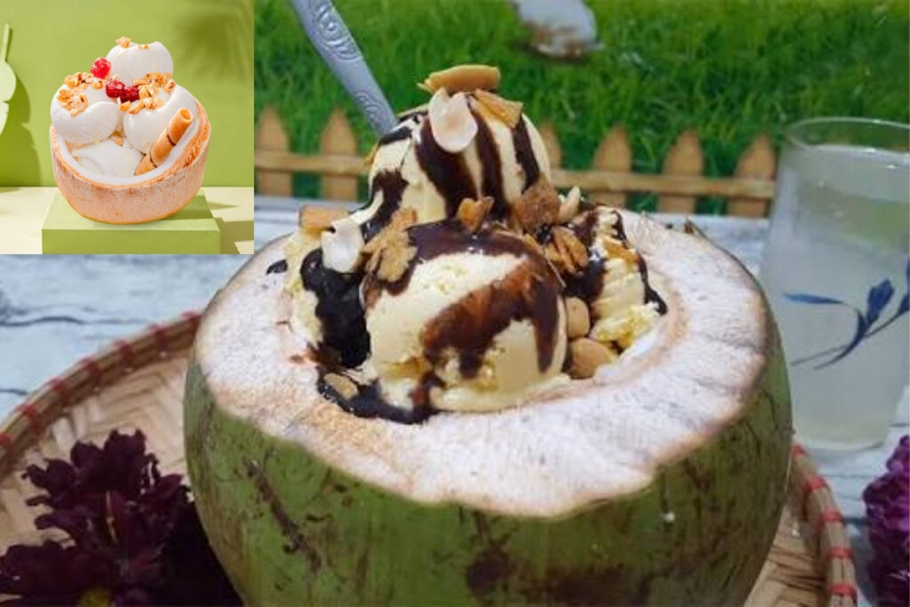 Best Vietnamese Desserts: 20 Sweet Treats Every Traveler Should Try in Vietnam 15 Vietnamese coconut ice cream served inside a fresh coconut shell with roasted peanuts, toasted coconut, and crispy wafers.