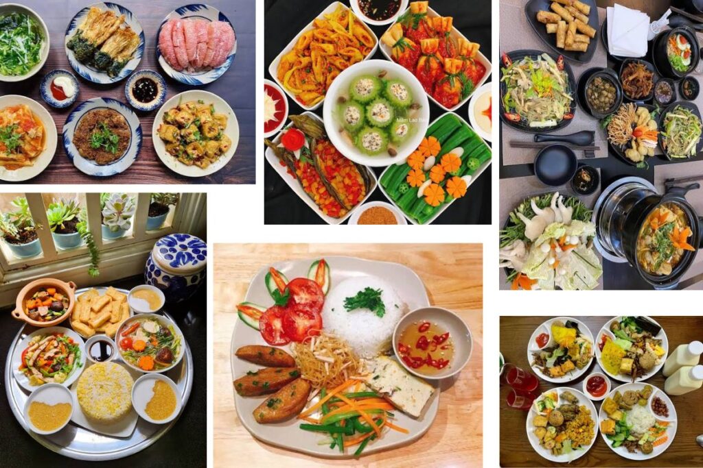 Traditional Vietnamese vegetarian rice meal with tofu vegetables and soup