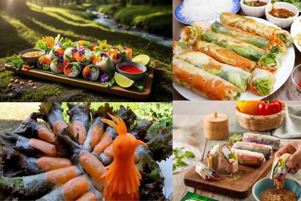 Fresh Vietnamese vegetarian spring rolls with peanut dipping sauce