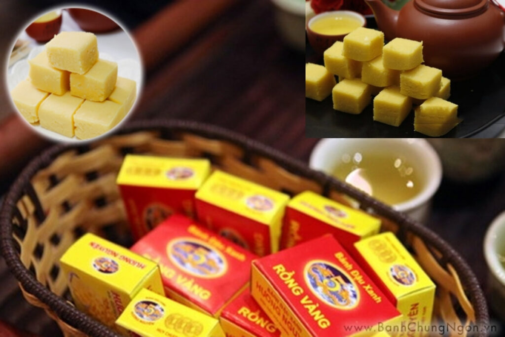 Best Vietnamese Desserts: 20 Sweet Treats Every Traveler Should Try in Vietnam 10 Traditional Hải Dương mung bean cakes served with hot green tea on a wooden tray.