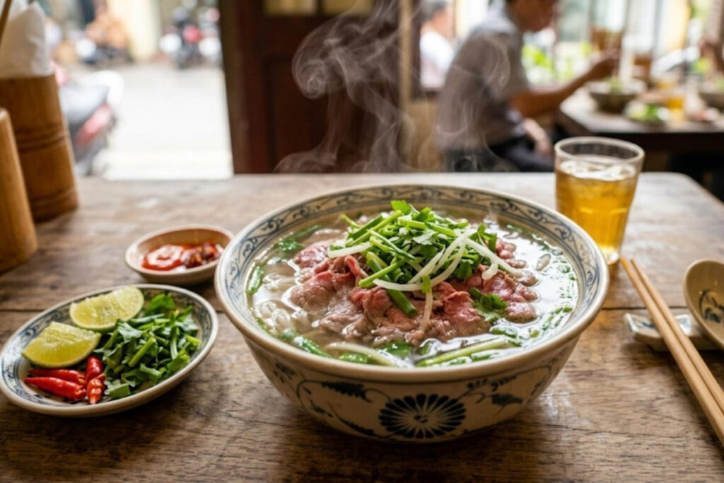 Hanoi Food Guide: 15 Must-Try Dishes & Where to Eat Like a Local 2 A steaming bowl of authentic Hanoi pho bo with tender beef slices, rice noodles, fresh scallions, and clear broth at a traditional street restaurant.
