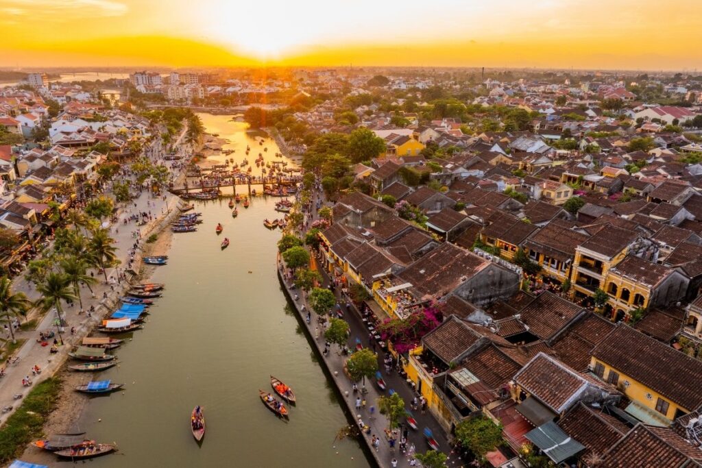 Lanterns illuminating the ancient streets of Hoi An at sunset