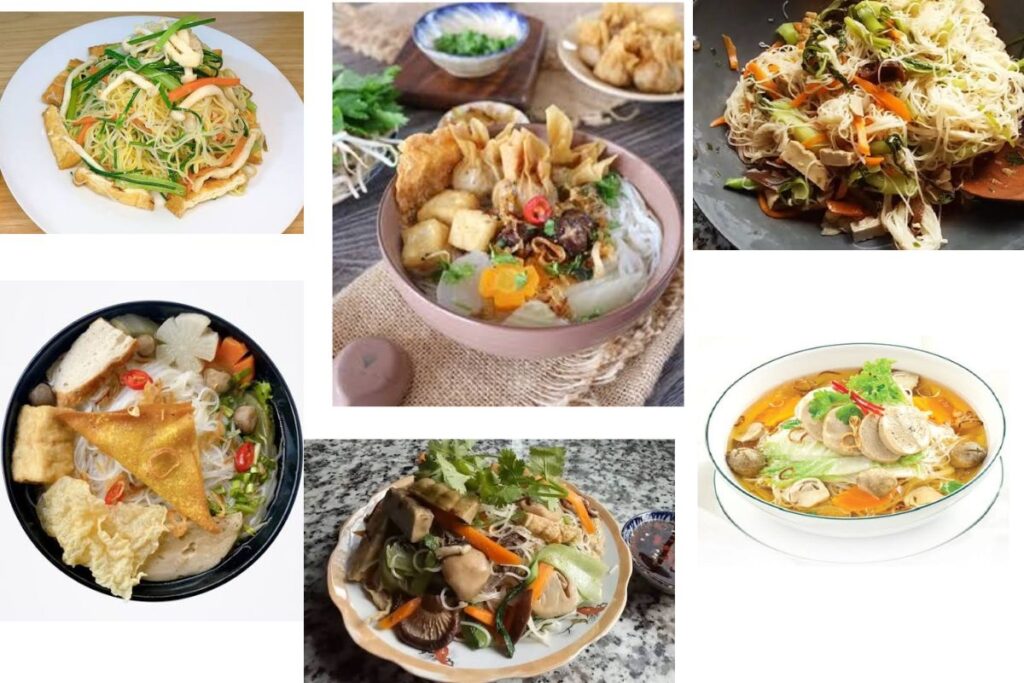 Southern Vietnamese vegetarian hu tieu noodle soup with tofu and herbs