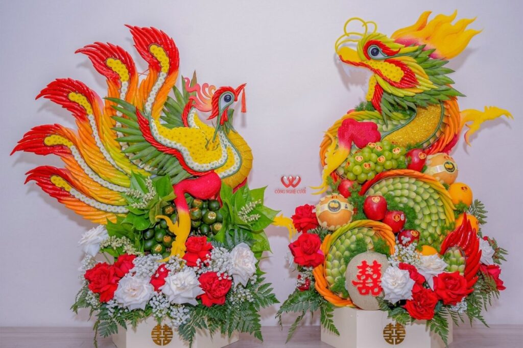 Traditional Mam Qua ceremonial gift trays in Vietnamese weddings