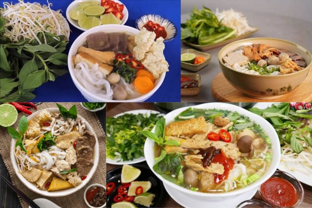 A bowl of traditional pho chay with tofu mushrooms herbs and rice noodles in Vietnam