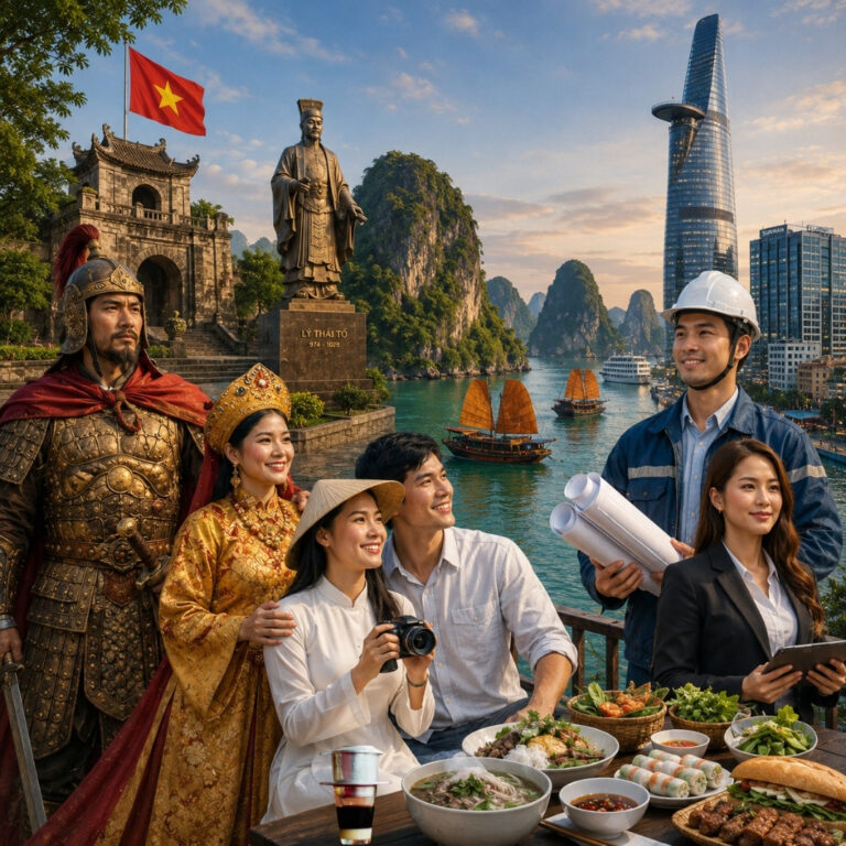 TAM VOC VIET - THE ULTIMATE HUB FOR VIETNAM TRAVEL, CUISINE, CULTURE & HISTORY 11 Vietnam travel banner featuring Ha Long Bay, traditional Vietnamese culture, historical landmarks, modern Ho Chi Minh City skyline, local cuisine, tourism, and economic development.