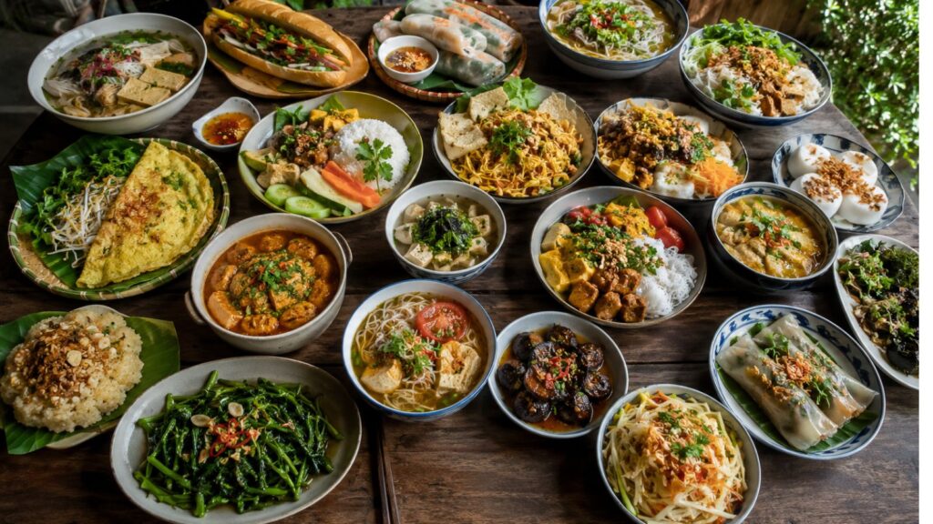 Traditional Vegetarian Food in Vietnam served on a wooden table