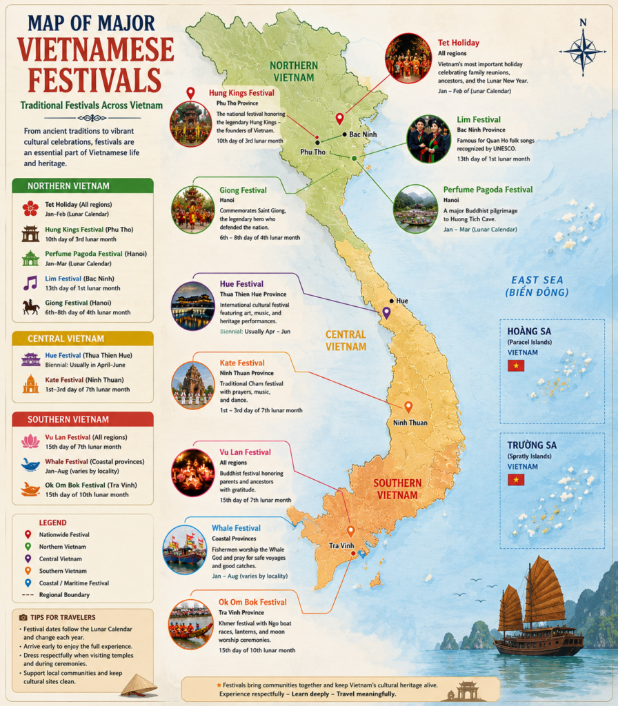 Map showing the locations of Vietnam's most famous traditional festivals