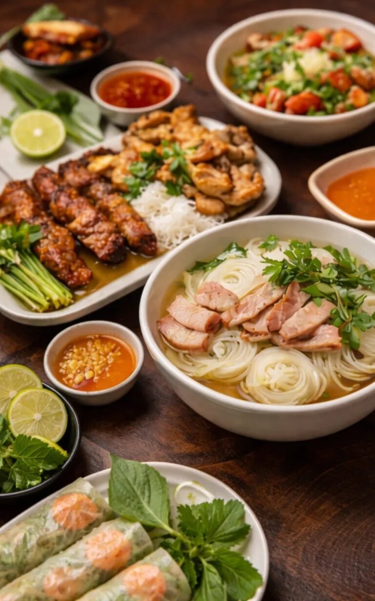 Traditional Vietnamese dishes including pho, grilled pork, spring rolls, fresh herbs, and dipping sauces served on a wooden table.