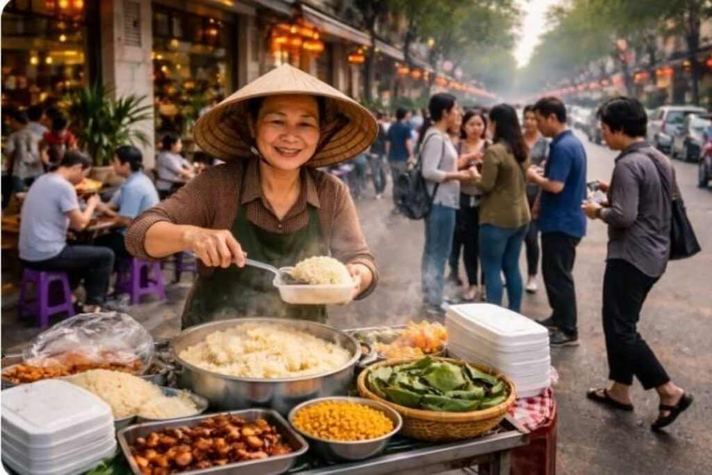 Hanoi Food Guide: 15 Must-Try Dishes & Where to Eat Like a Local 6 Traditional Hanoi sticky rice topped with shredded chicken and fried shallots wrapped in banana leaves.