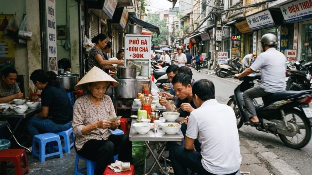 Vietnamese street food culture with a vendor serving food on a Hanoi sidewalk