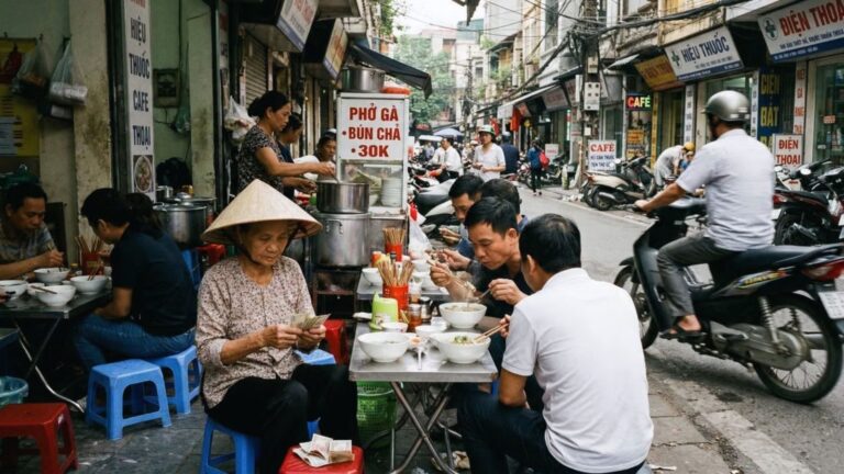 Vietnamese street food culture with a vendor serving food on a Hanoi sidewalk