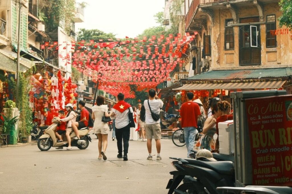 Vietnamese street decorated for Tet Lunar New Year