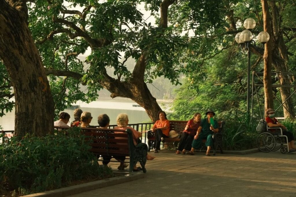 Early morning local life around Hoan Kiem Lake in Hanoi