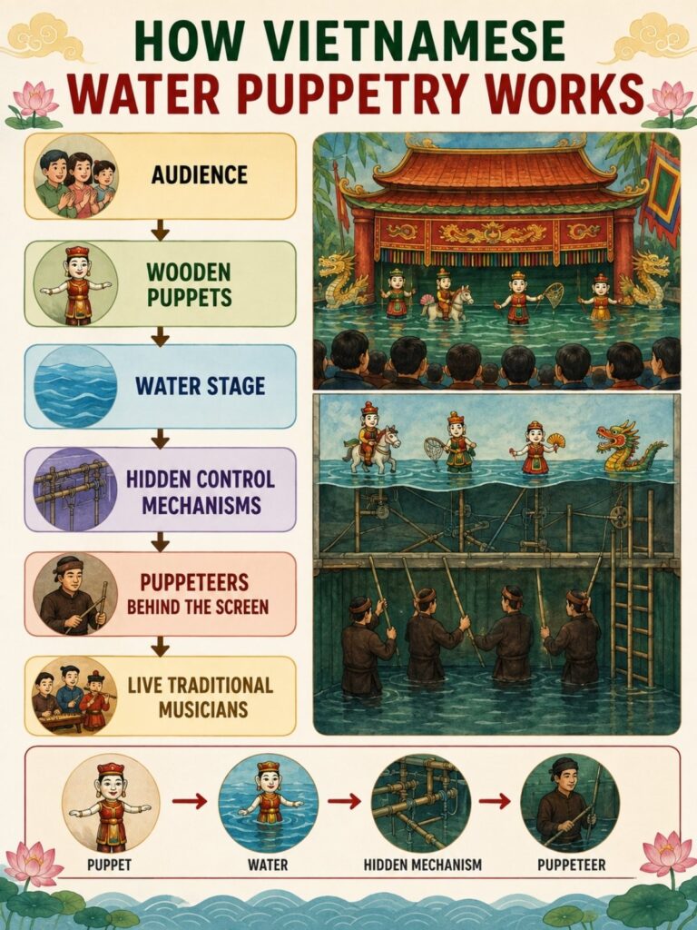 Vietnamese Water Puppet Show Guide: What to Expect & Where to Go 7 Infographic showing how Vietnamese water puppetry works with puppets, water stage, and hidden puppeteers