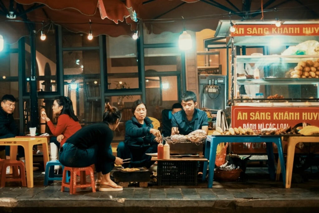 Morning street food scene showing everyday life in Vietnam