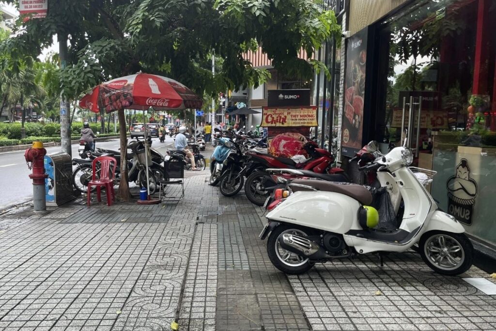 Motorbikes parked outside a restaurant in Vietnam