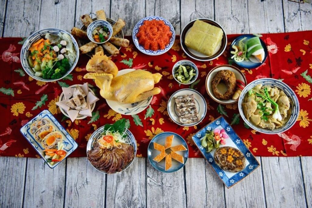Traditional Vietnamese Tet food on a family table