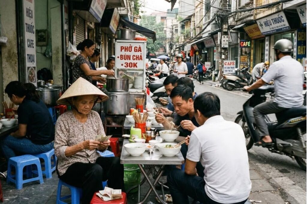 Small businesses and street commerce on a Vietnamese sidewalk