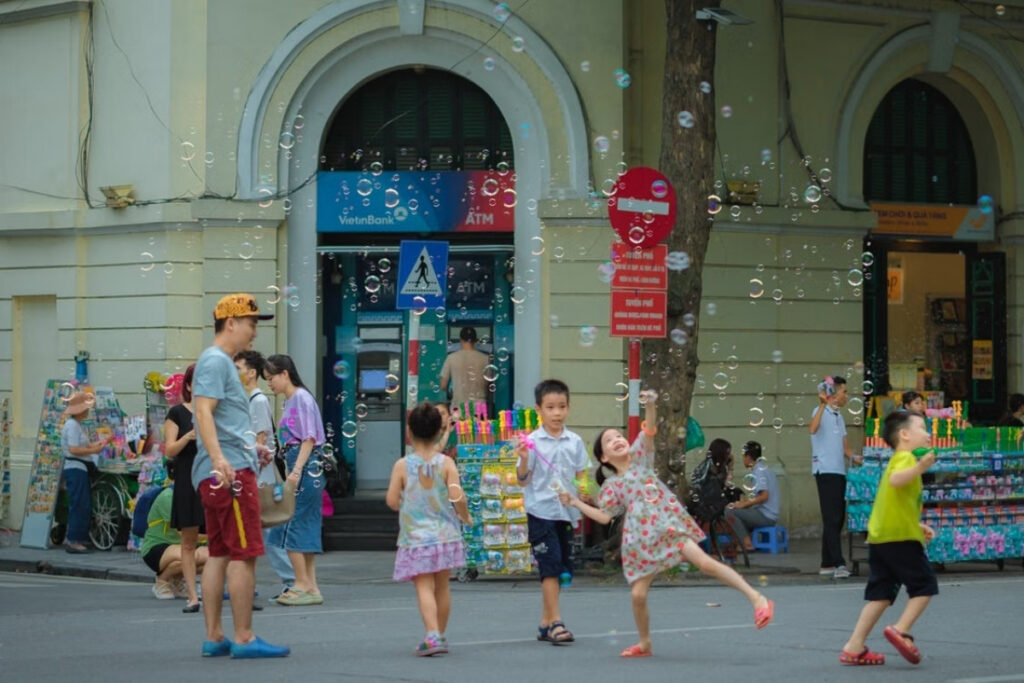 Evening street life in a Vietnamese neighborhood