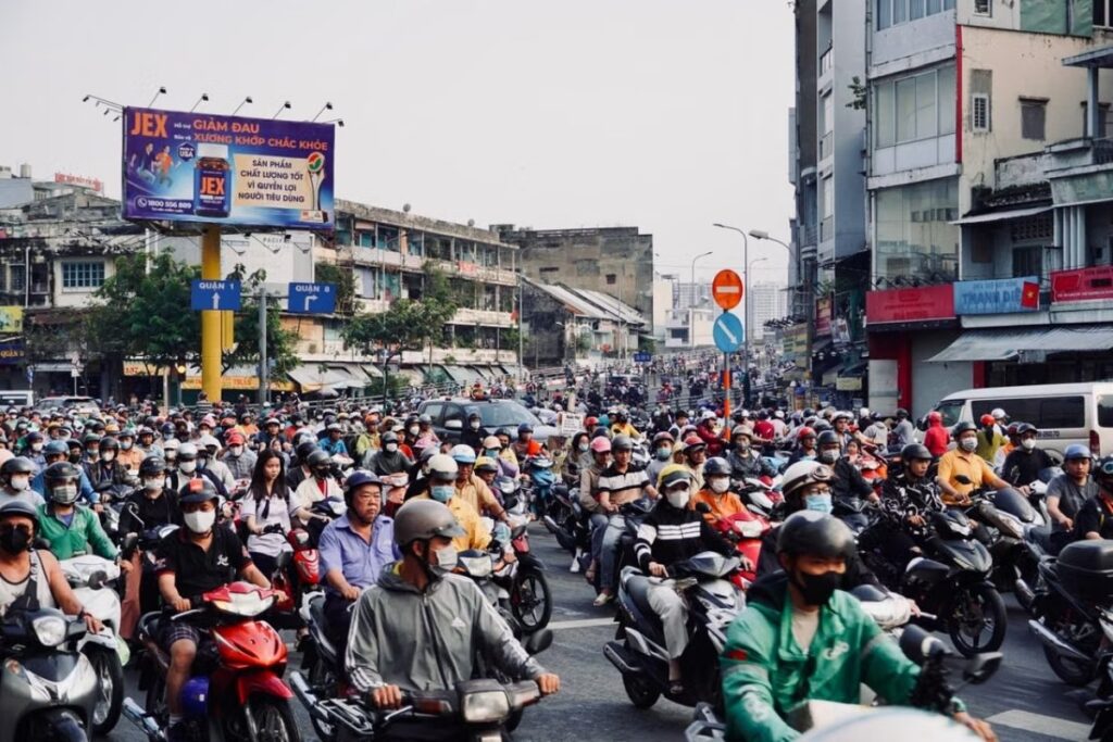 Urban congestion and crowded sidewalks in Vietnam