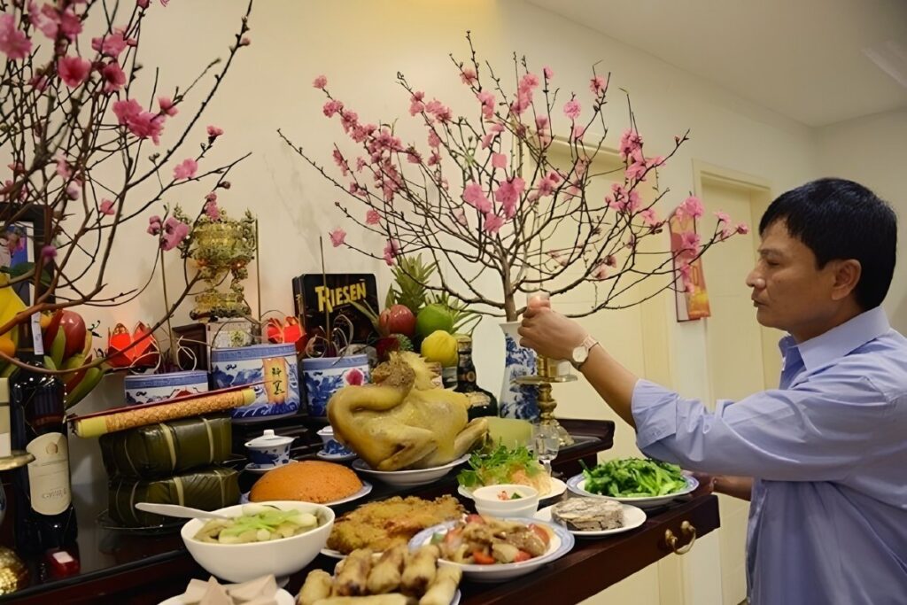 Vietnamese ancestor altar prepared for Tet
