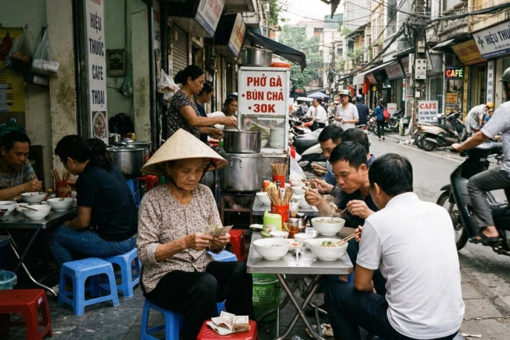 Vietnamese breakfast street food served in Hanoi in the morning