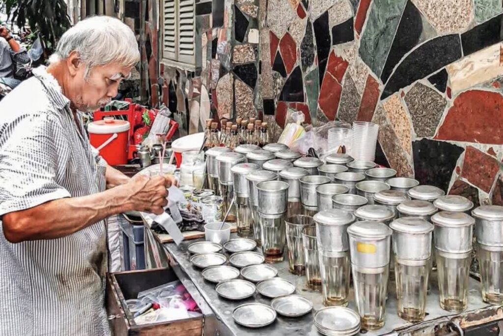 Vietnamese phin coffee at a sidewalk cafe