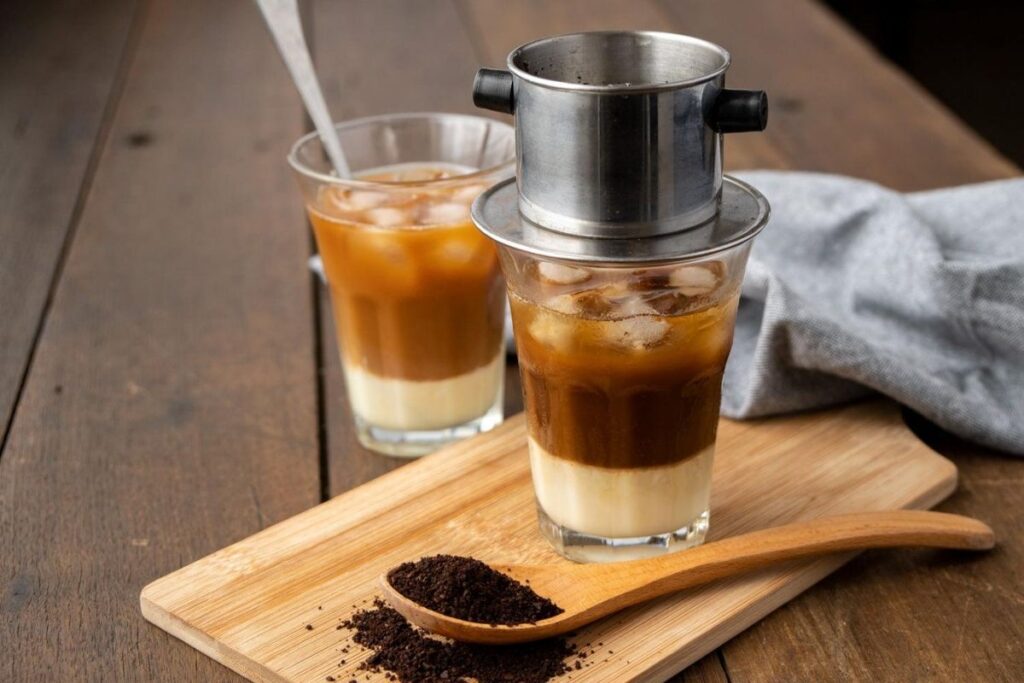 Cà phê sữa đá with a phin at a Vietnamese coffee shop