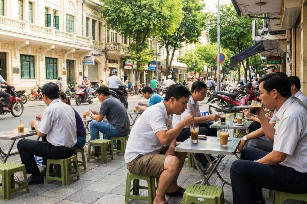 Everyday life around a Vietnamese coffee shop in the morning